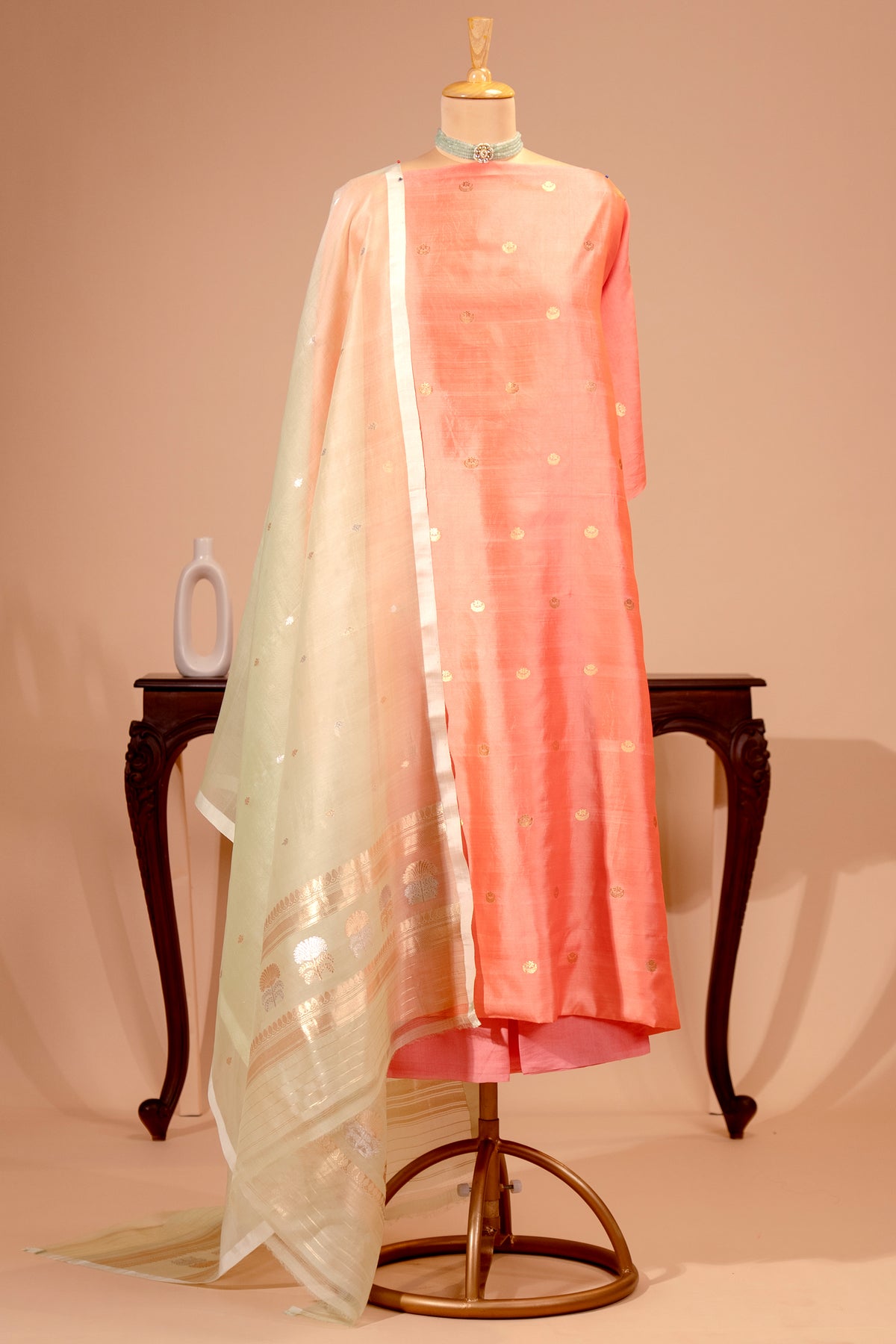 Coral Pink Chiniya Silk Unstitched Suit Set with Organza Dupatta | Label Tamanna