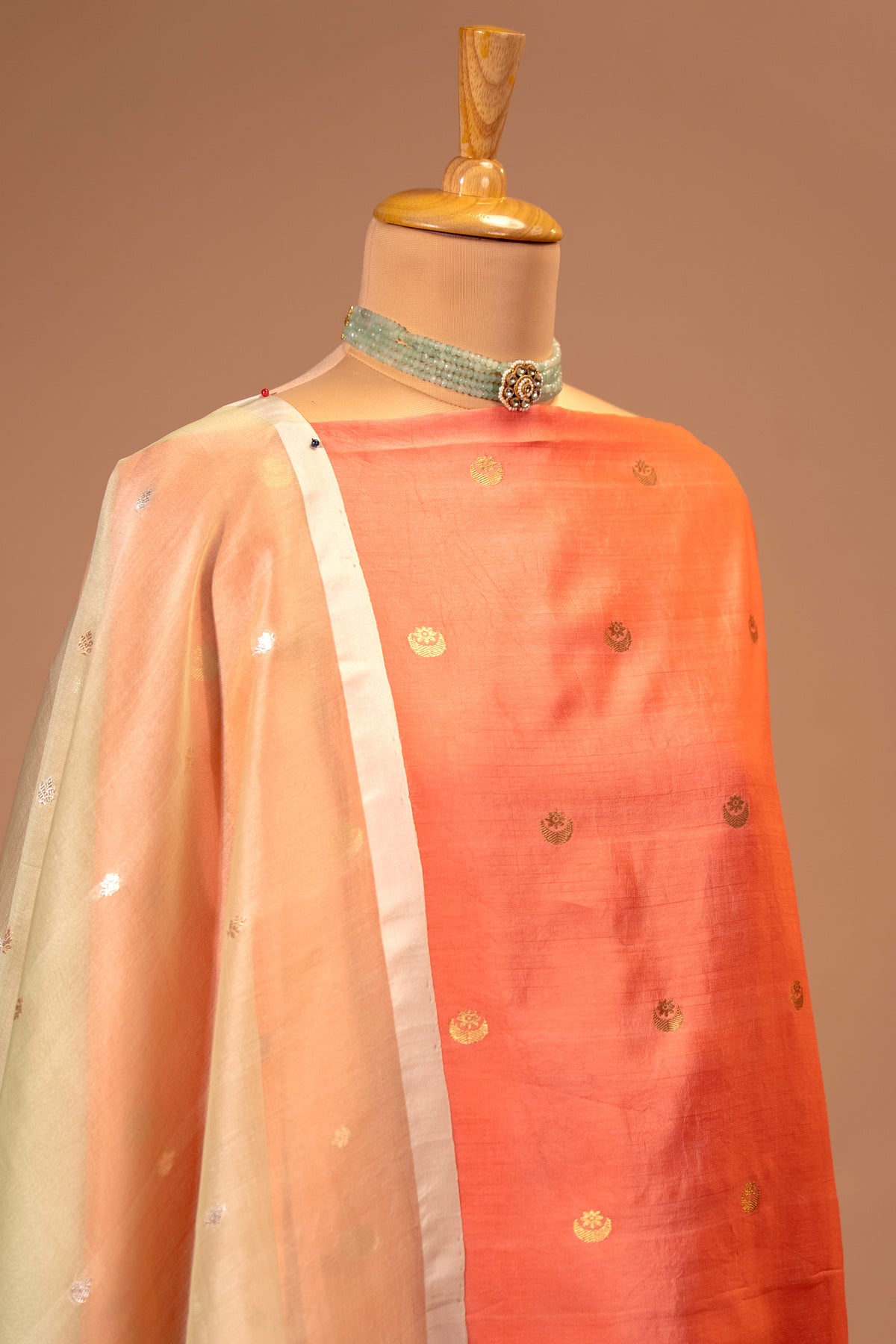 Coral Pink Chiniya Silk Unstitched Suit Set with Organza Dupatta | Label Tamanna