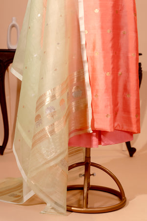 Coral Pink Chiniya Silk Unstitched Suit Set with Organza Dupatta | Label Tamanna