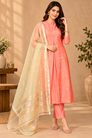 Coral Pink Chiniya Silk Unstitched Suit Set with Organza Dupatta | Label Tamanna