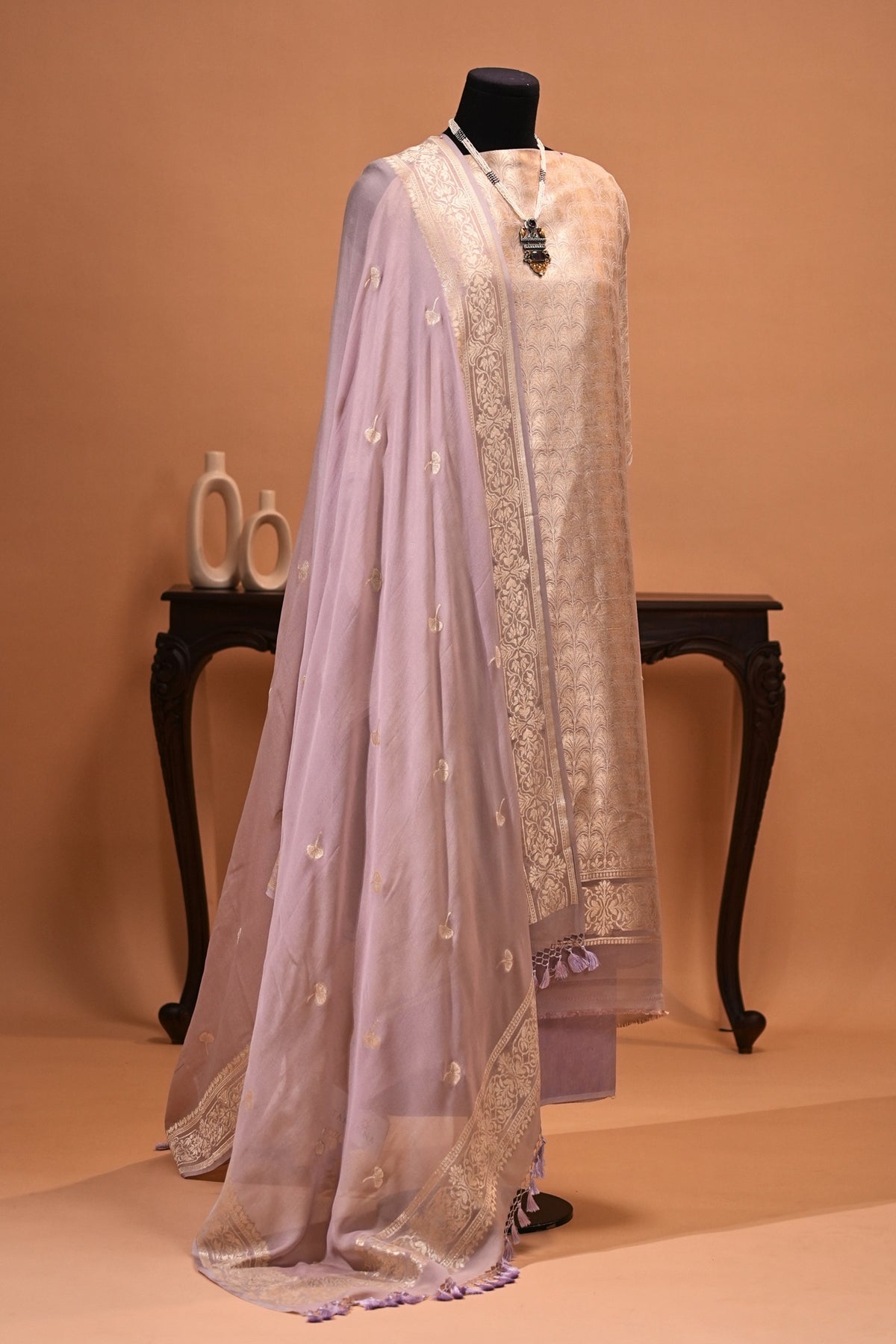 Lilac Tanchoi Banarasi Georgette Unstitched Suit Set by Label Tamanna