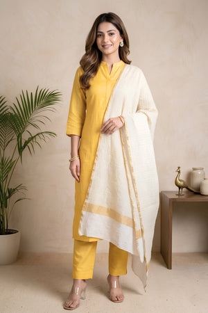 Bright Yellow Satin Silk Unstitched Suit Set with Crushed Chiffon Dupatta