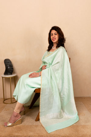 Turquoise Green Satin Silk Unstitched Suit Set with Moonga Silk Dupatta by Label Tamanna