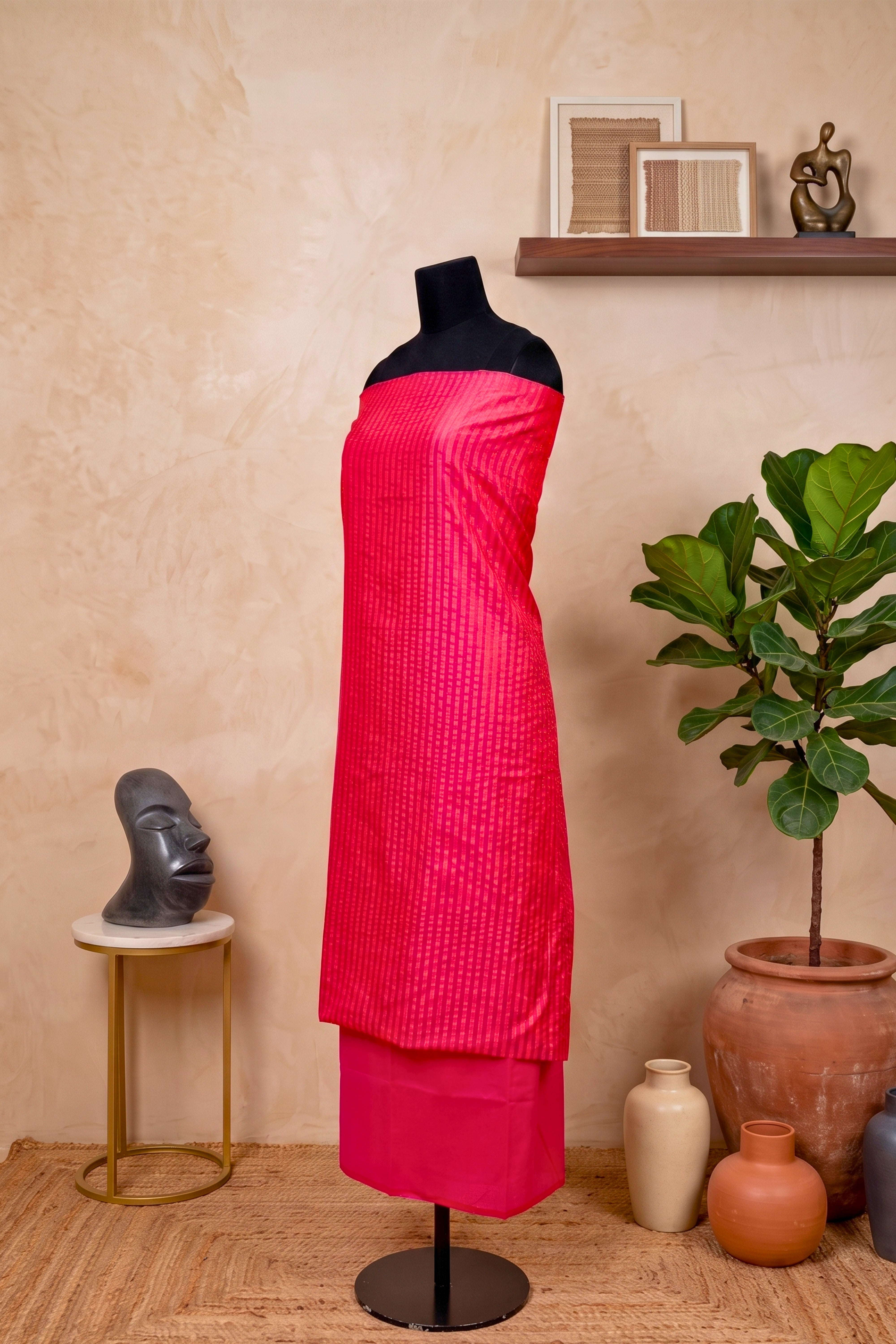 Vibrant Fuchsia Pink Striped Silk Unstitched Suit Set