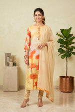Vibrant Pale Yellow Cotton Suit Set with Orange Lotus Motifs & Jeweled Placket