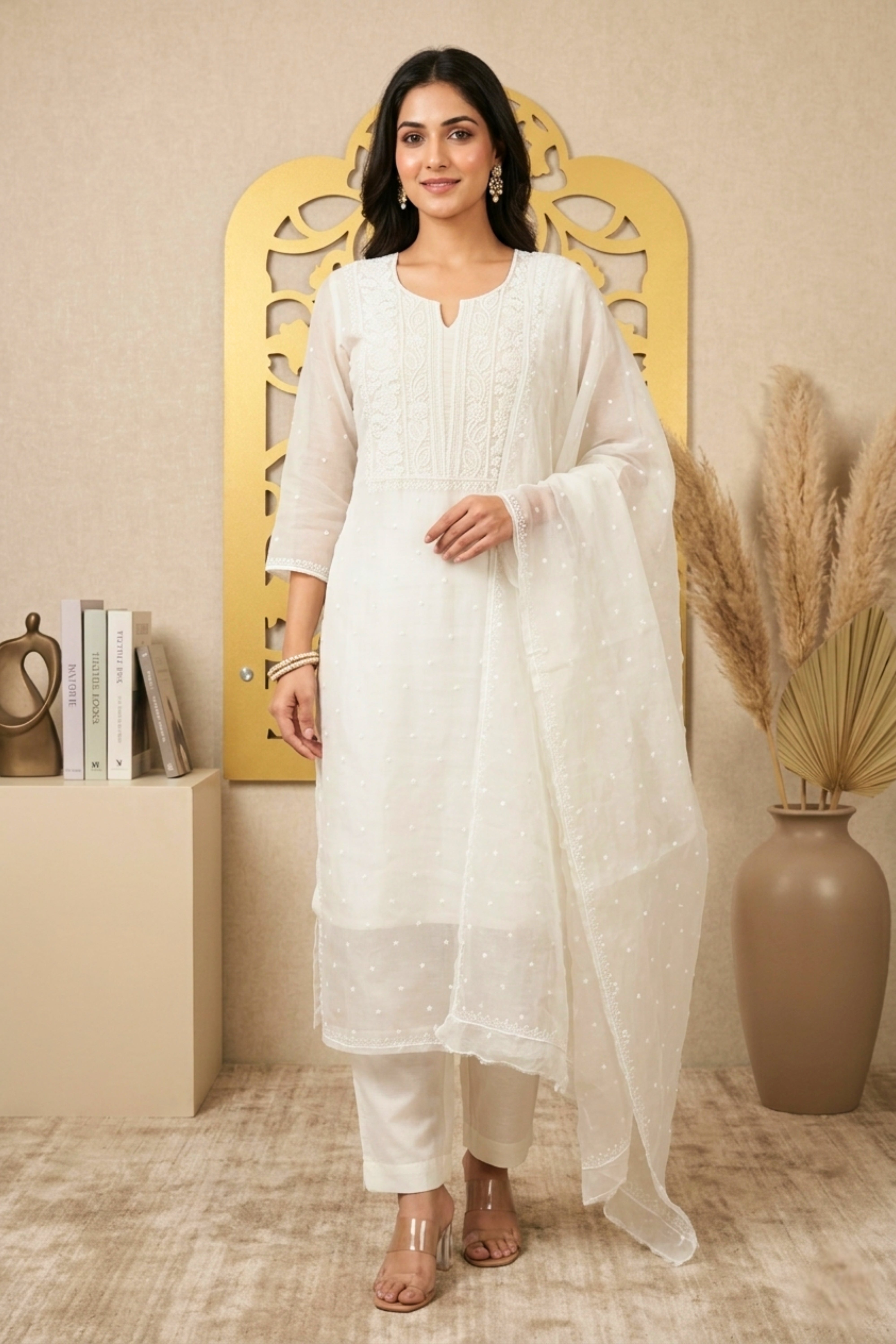 Premium Dyeable White Organza Unstitched Suit Set with Intricate Threadwork