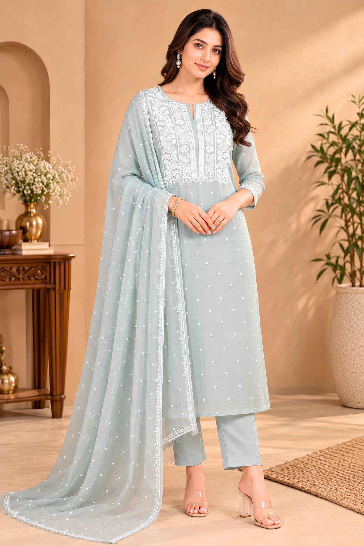 Powder Blue Chikankari Organza Unstitched Suit Set | Label Tamanna
