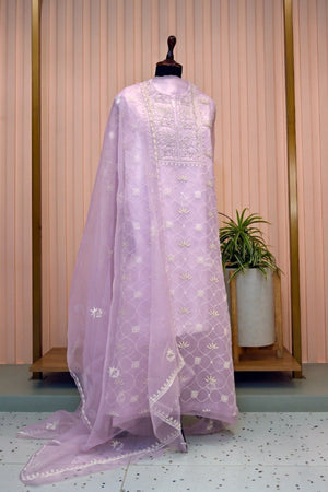 Elegant Pastel Lilac Organza Unstitched Suit Set with White Threadwork