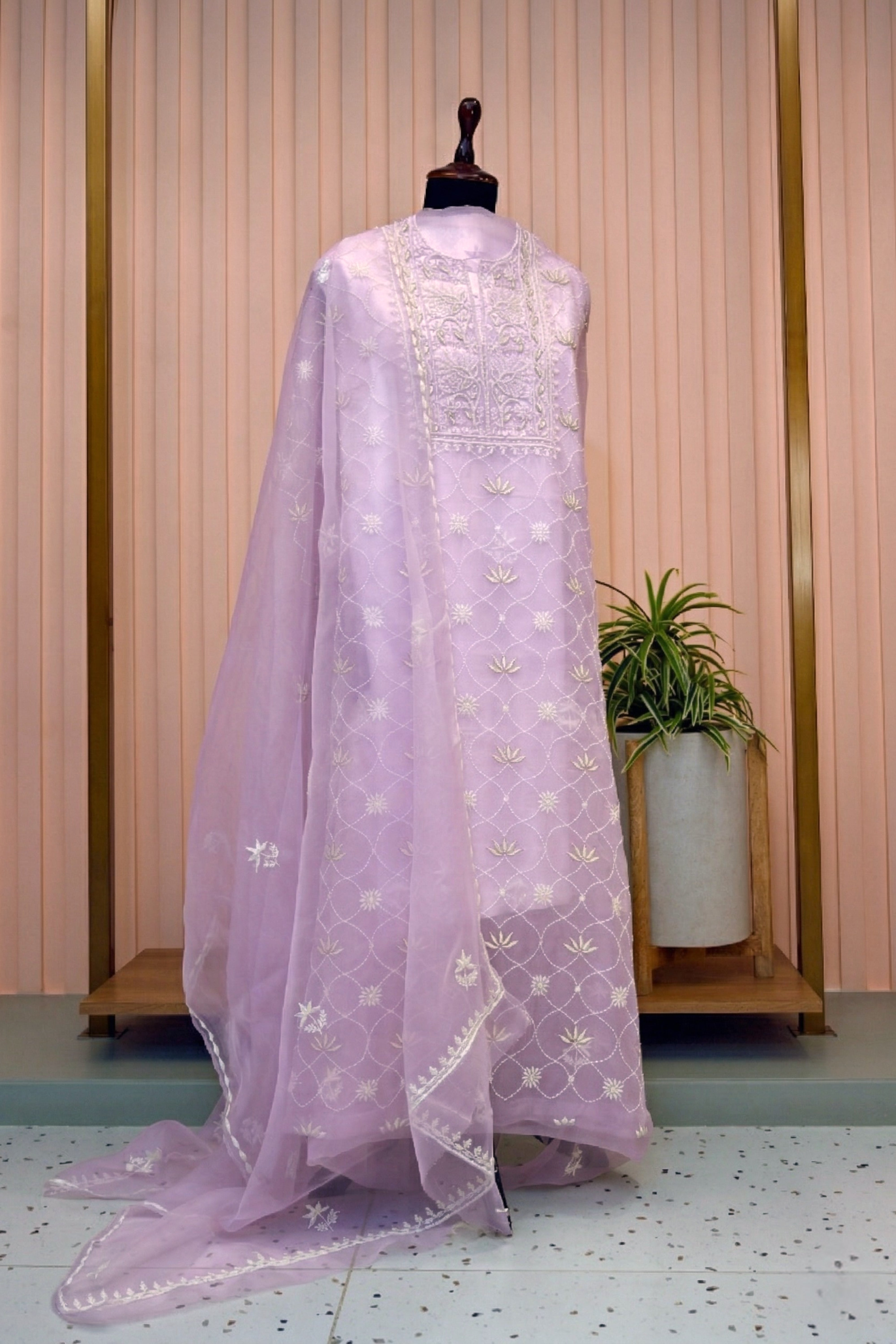 Elegant Pastel Lilac Organza Unstitched Suit Set with White Threadwork