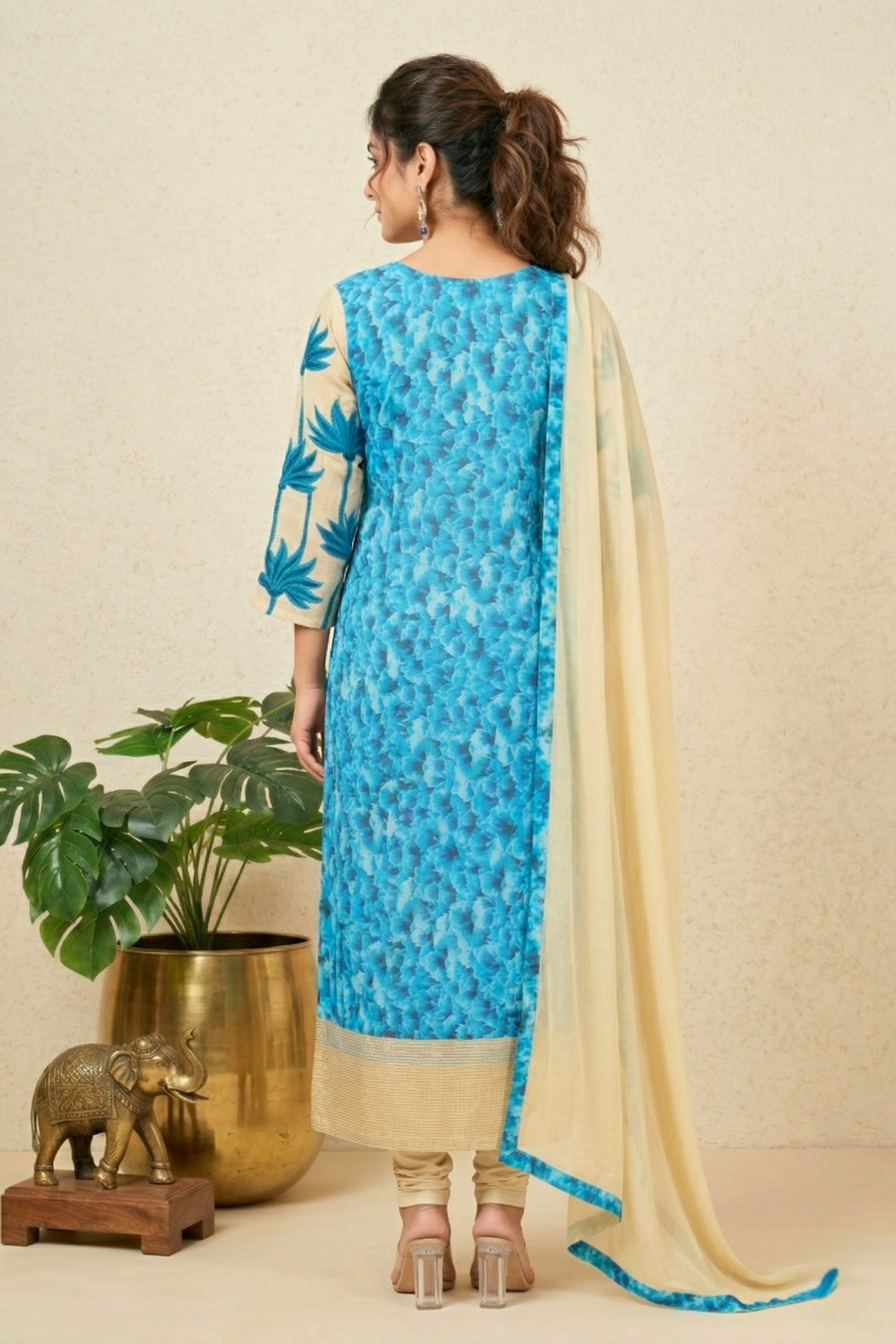 Elegant Blue & Beige Floral Printed Cotton Suit Set with Embroidered Sleeves