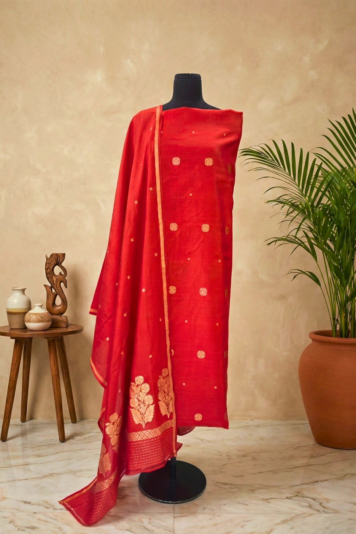 Brick Red Chiniya Silk Unstitched Suit Set with Zari Woven Dupatta by Label Tamanna