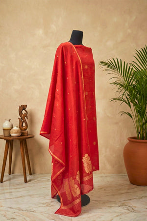 Brick Red Chiniya Silk Unstitched Suit Set with Zari Woven Dupatta by Label Tamanna