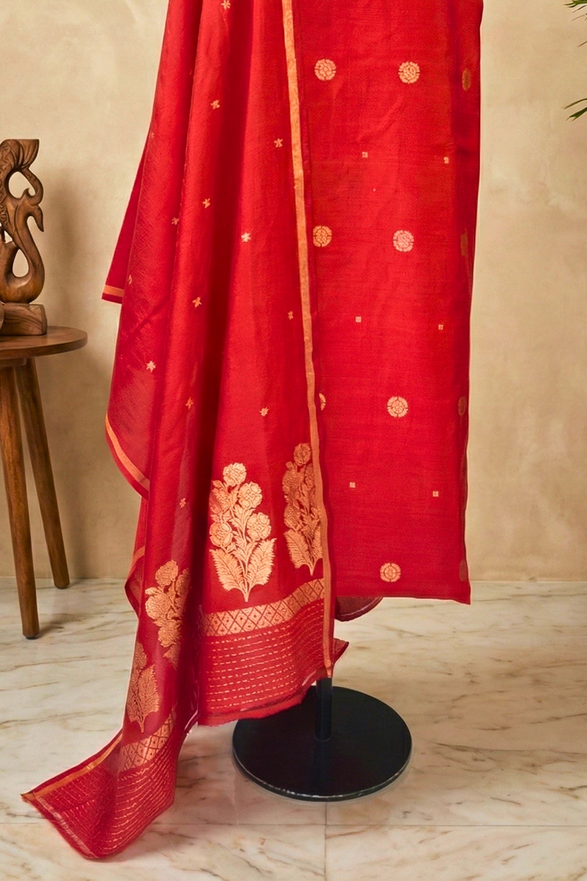 Brick Red Chiniya Silk Unstitched Suit Set with Zari Woven Dupatta by Label Tamanna