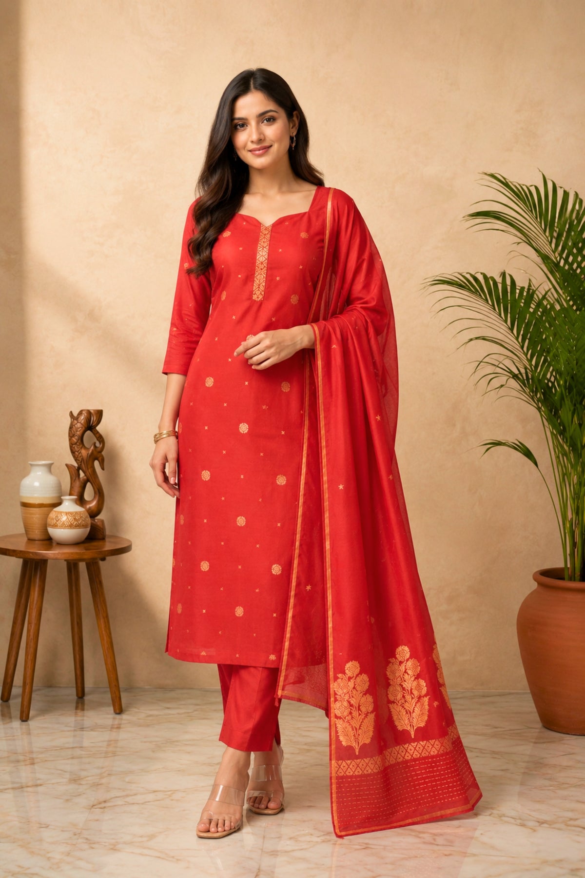 Brick Red Chiniya Silk Unstitched Suit Set with Zari Woven Dupatta by Label Tamanna