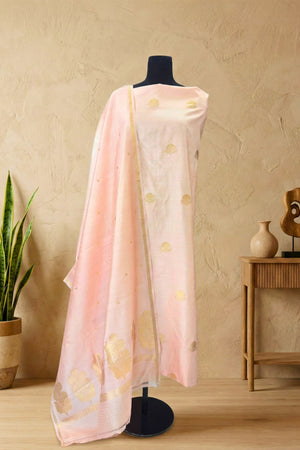 Pearl Pink Chiniya Silk Unstitched Suit Set with Zari Woven Dupatta by Label Tamanna