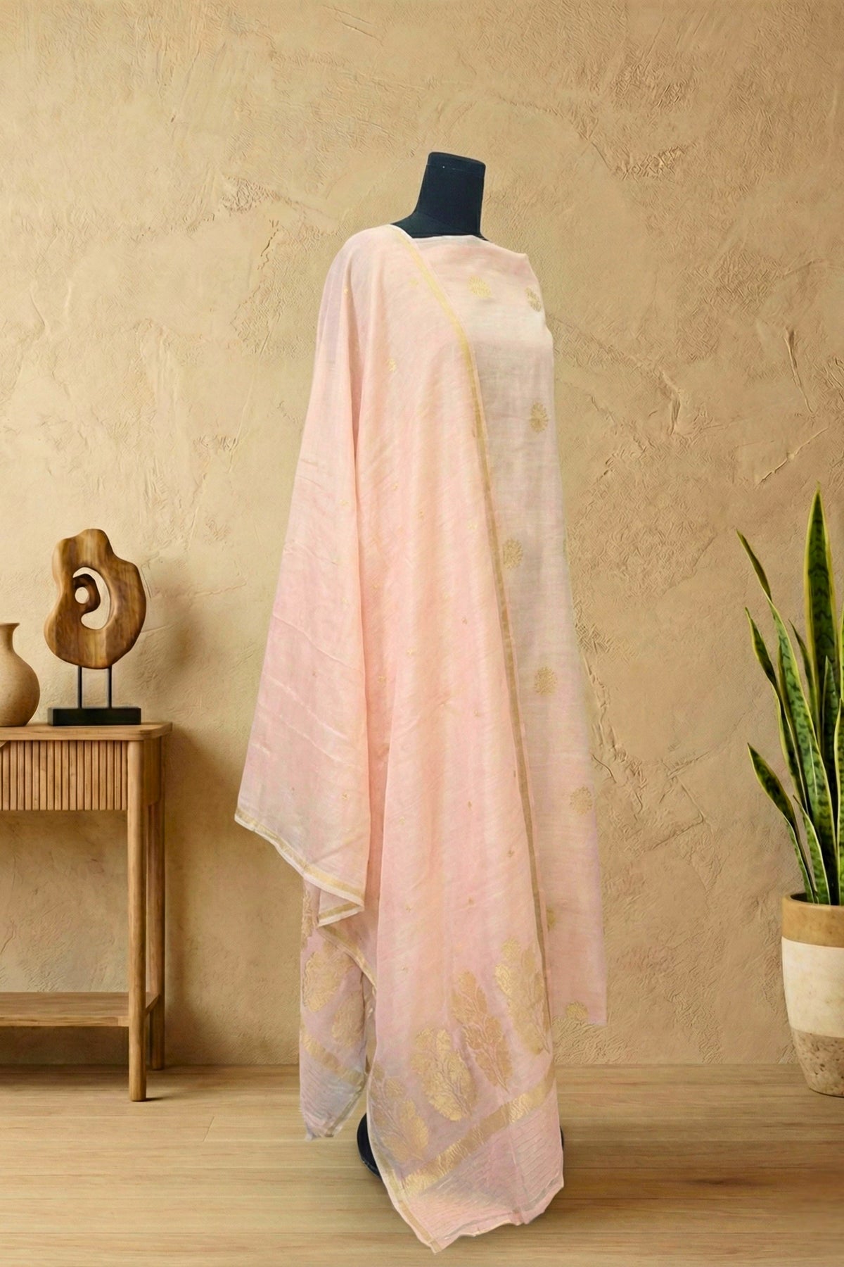 Pearl Pink Chiniya Silk Unstitched Suit Set with Zari Woven Dupatta by Label Tamanna