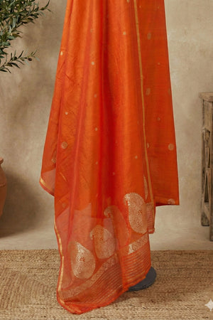 Tangerine Orange Chiniya Silk Unstitched Suit Set with Zari Woven Dupatta by Label Tamanna