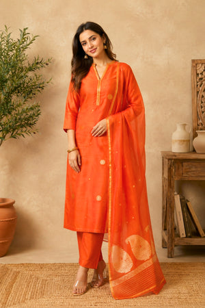 Tangerine Orange Chiniya Silk Unstitched Suit Set with Zari Woven Dupatta by Label Tamanna