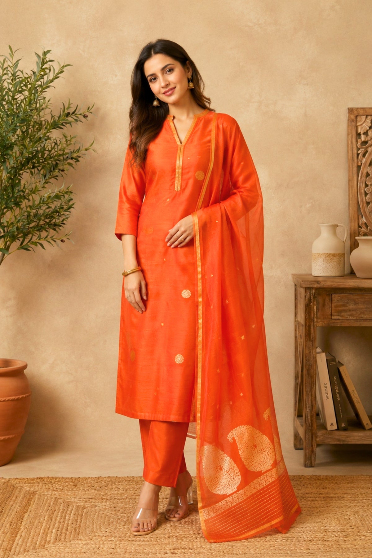 Tangerine Orange Chiniya Silk Unstitched Suit Set with Zari Woven Dupatta by Label Tamanna