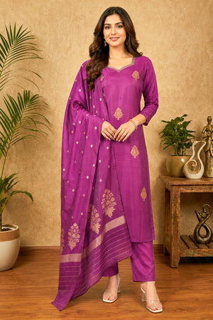 Deep Plum Chiniya Silk Unstitched Suit Set with Zari Woven Dupatta