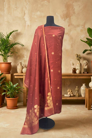 Chestnut Brown Chiniya Silk Unstitched Suit Set with Zari Woven Dupatta by Label Tamanna