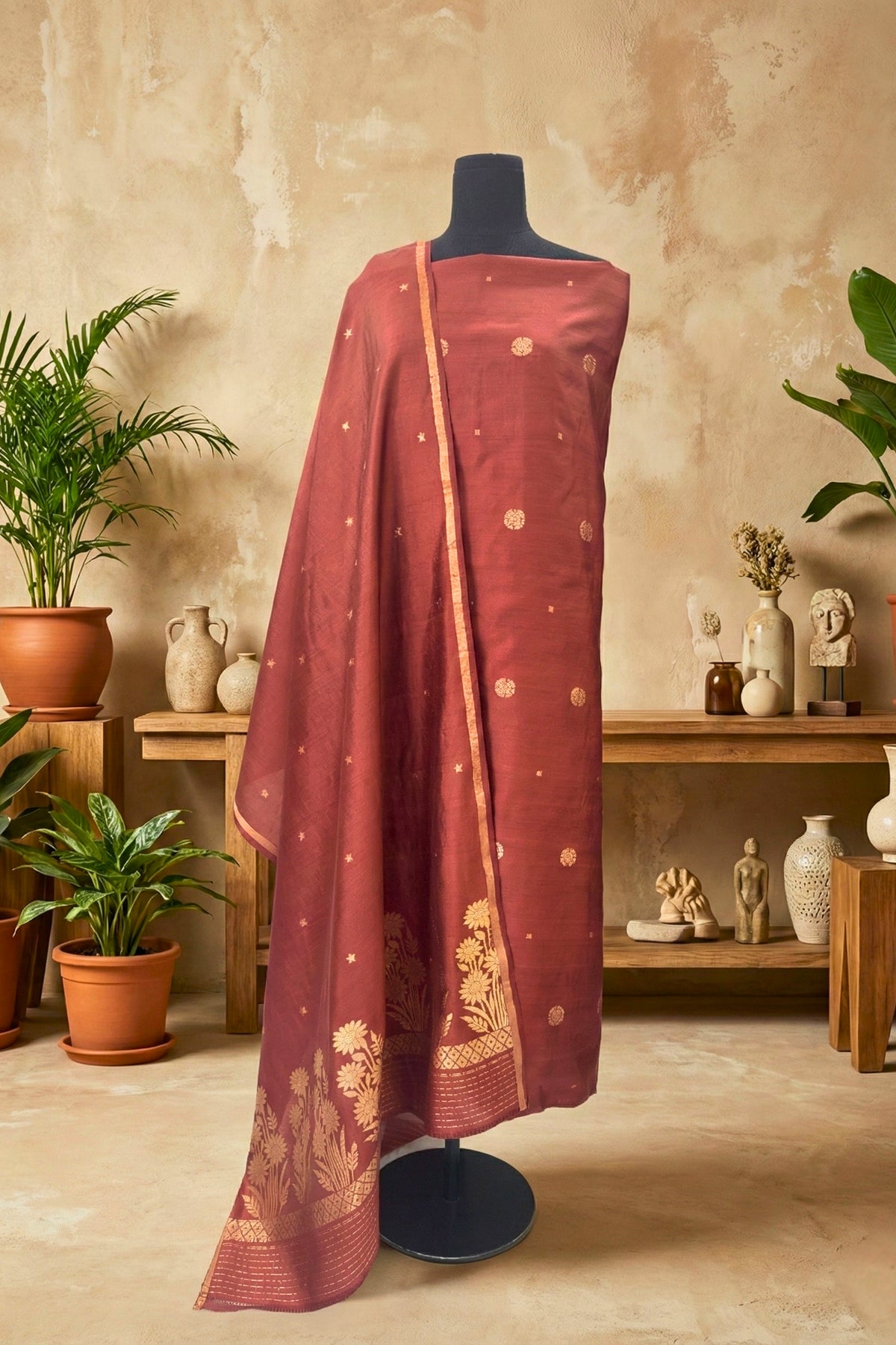 Chestnut Brown Chiniya Silk Unstitched Suit Set with Zari Woven Dupatta by Label Tamanna