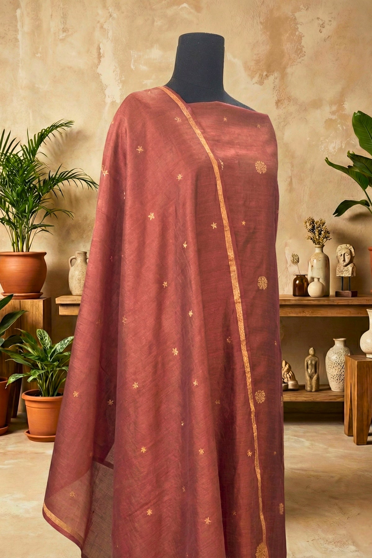 Chestnut Brown Chiniya Silk Unstitched Suit Set with Zari Woven Dupatta by Label Tamanna