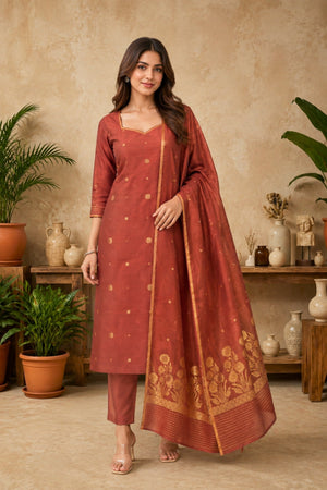 Chestnut Brown Chiniya Silk Unstitched Suit Set with Zari Woven Dupatta by Label Tamanna