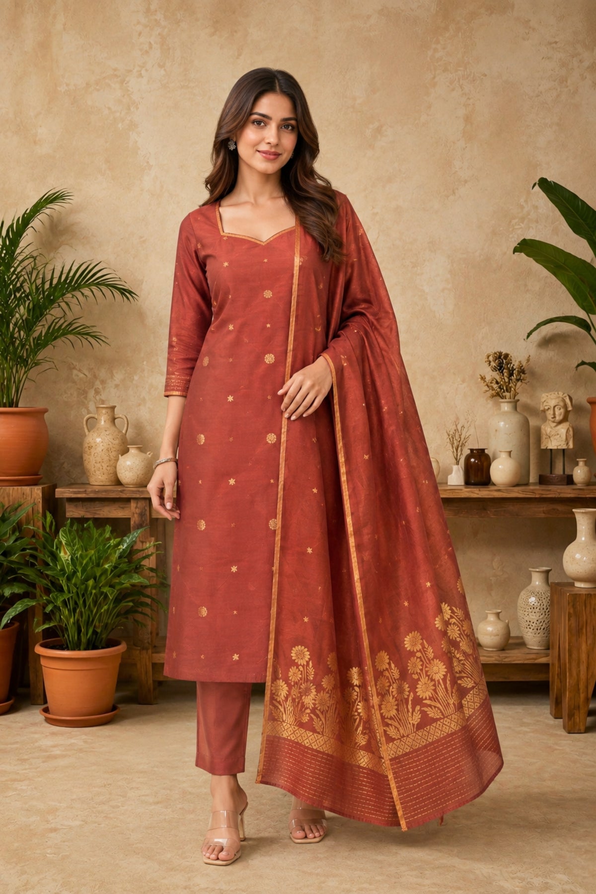Chestnut Brown Chiniya Silk Unstitched Suit Set with Zari Woven Dupatta by Label Tamanna