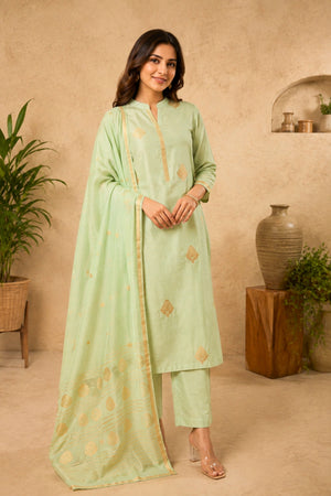 Pistachio Green Chiniya Silk Unstitched Suit Set with Zari Woven Dupatta