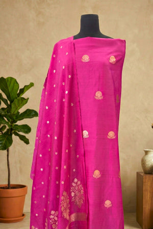 Magenta Pink Chiniya Silk Unstitched Suit Set with Zari Woven Dupatta by Label Tamanna