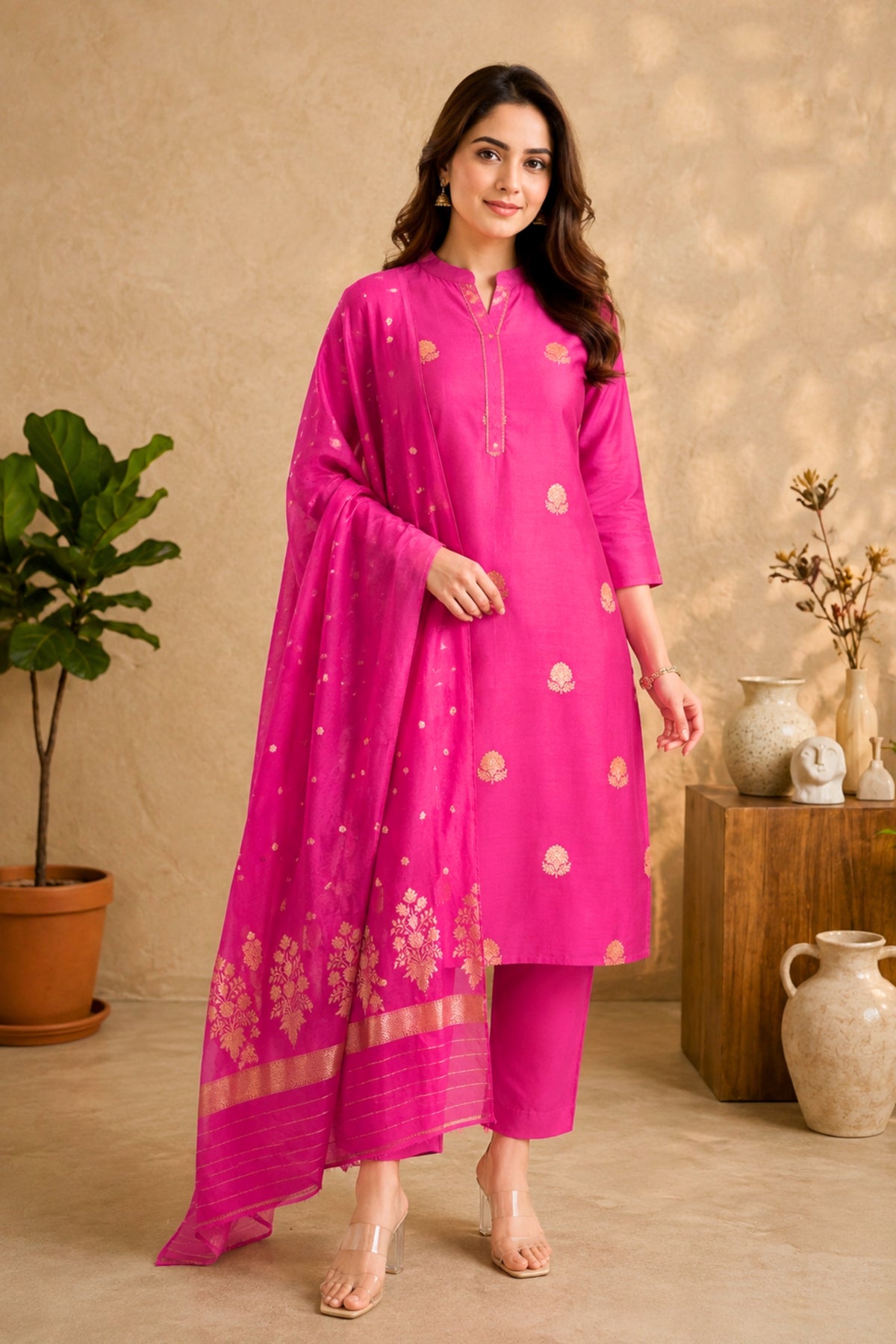 Magenta Pink Chiniya Silk Unstitched Suit Set with Zari Woven Dupatta by Label Tamanna