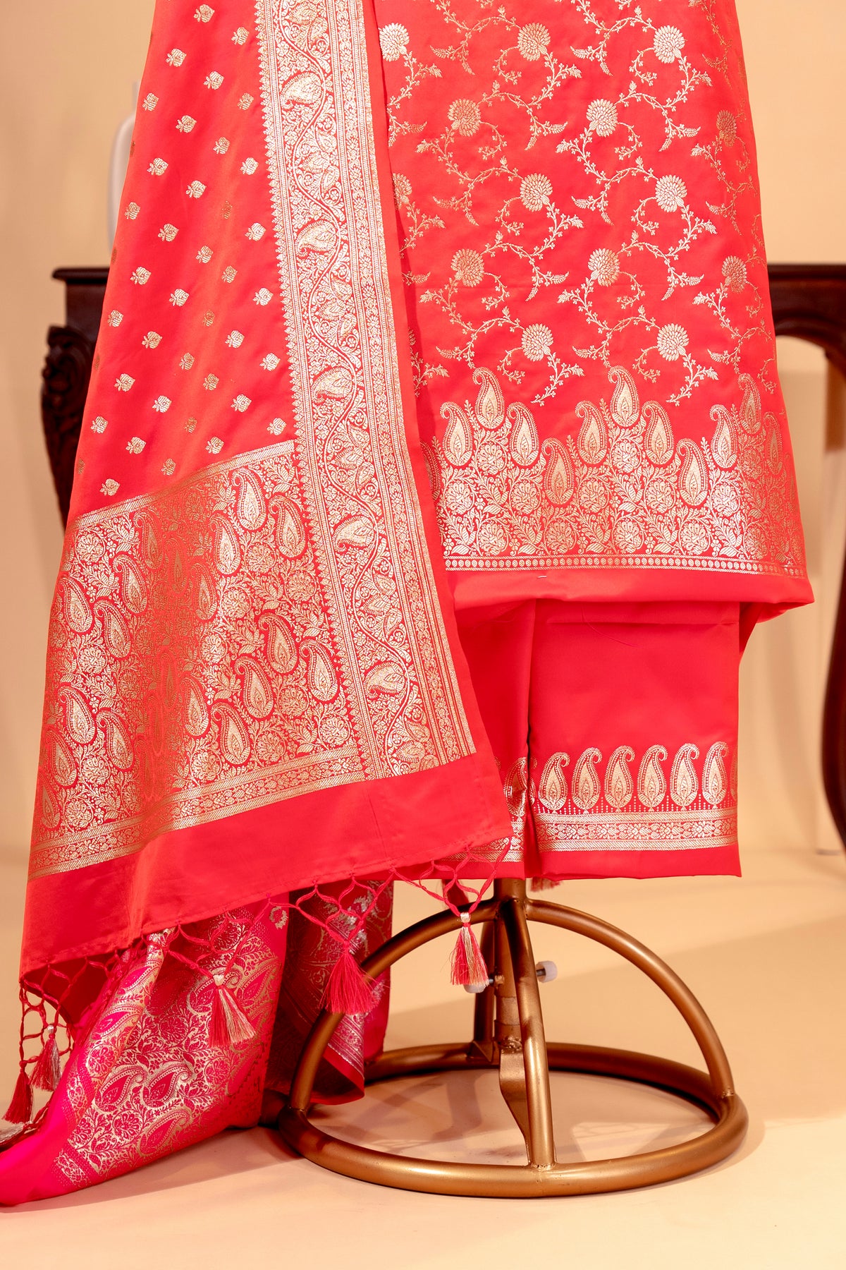 Red Banarasi Satin Silk Unstitched Suit Set | Label Tamanna