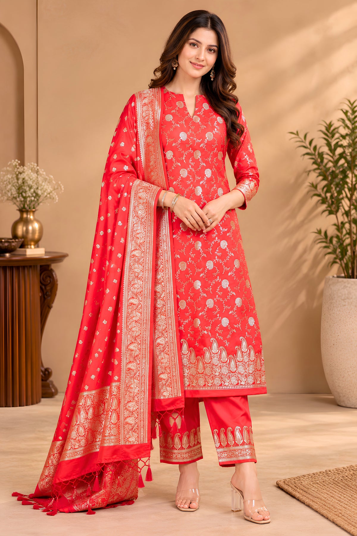Red Banarasi Satin Silk Unstitched Suit Set | Label Tamanna