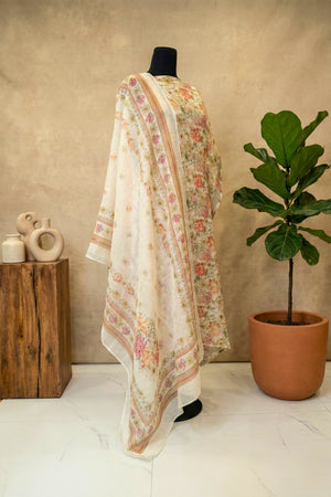 Vintage Ivory Floral Pure Linen Unstitched Suit Set