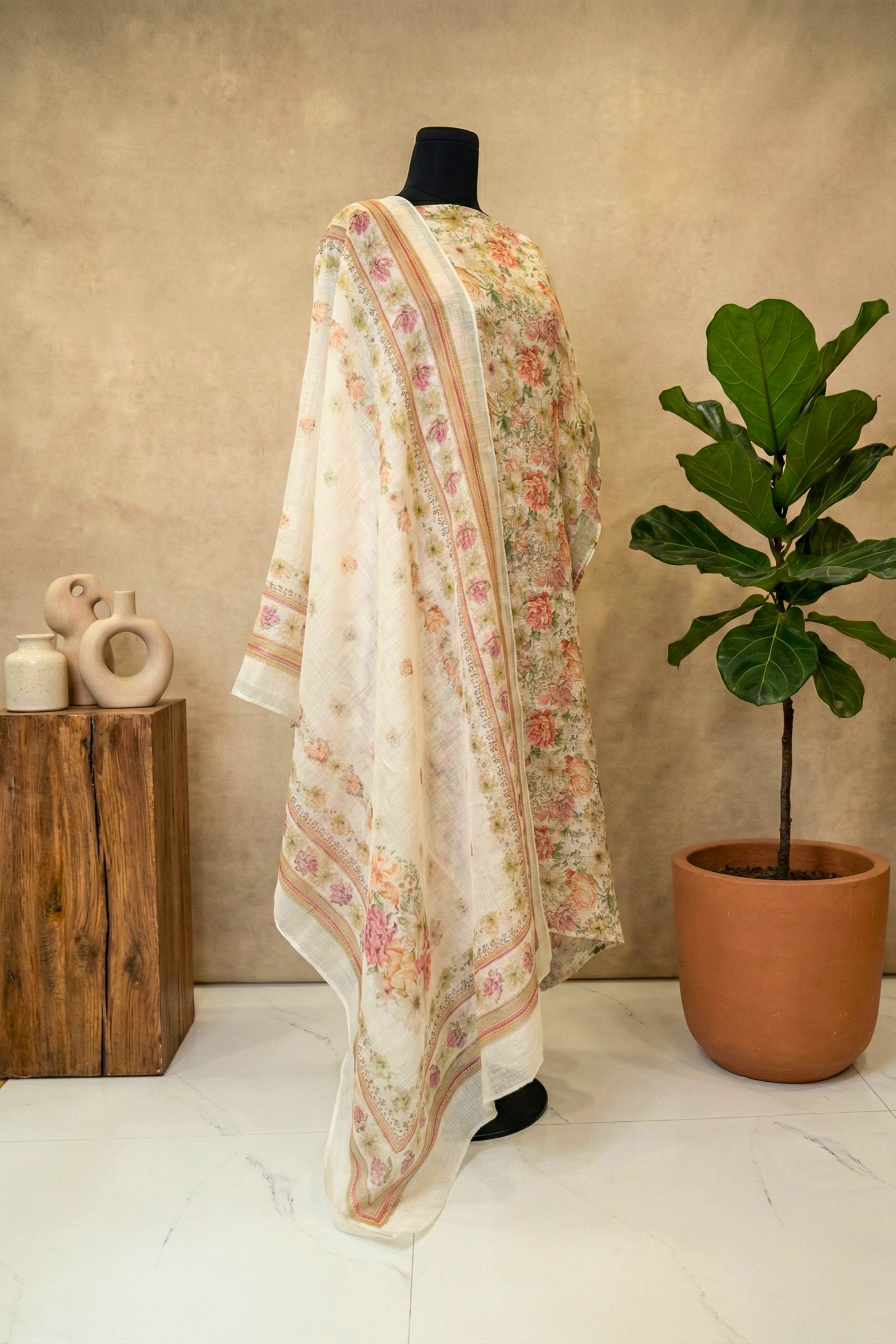 Vintage Ivory Floral Pure Linen Unstitched Suit Set