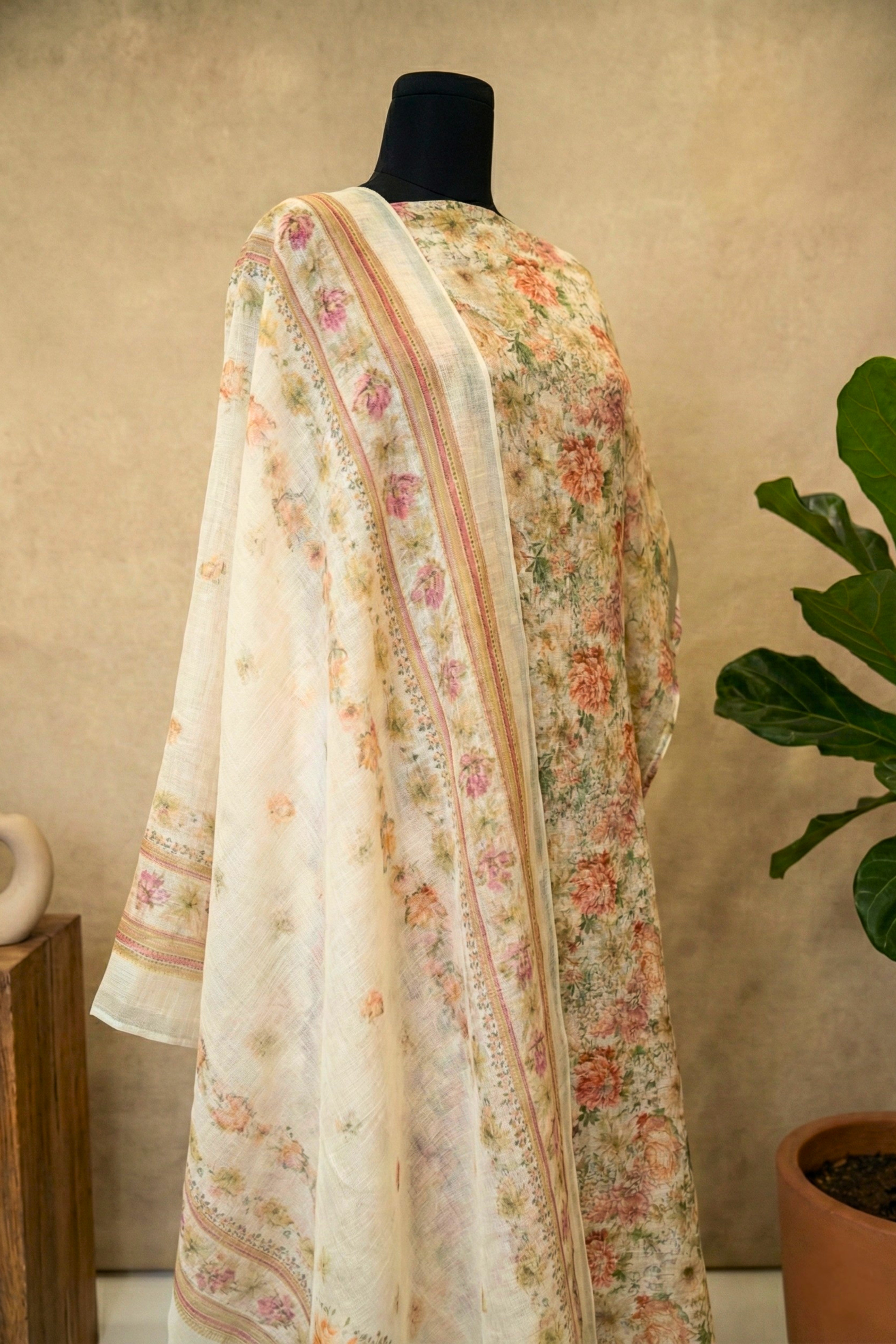 Vintage Ivory Floral Pure Linen Unstitched Suit Set