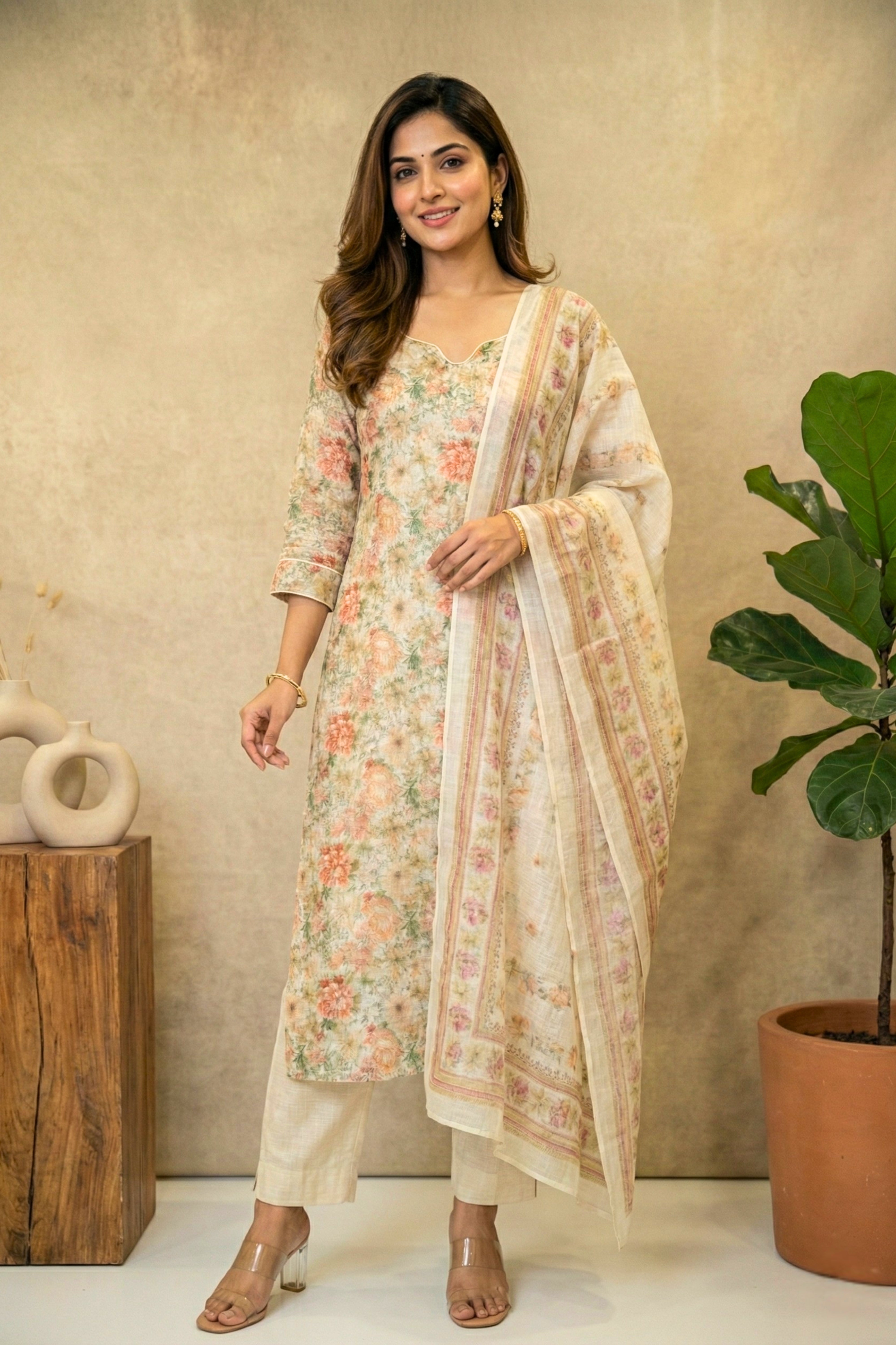 Vintage Ivory Floral Pure Linen Unstitched Suit Set