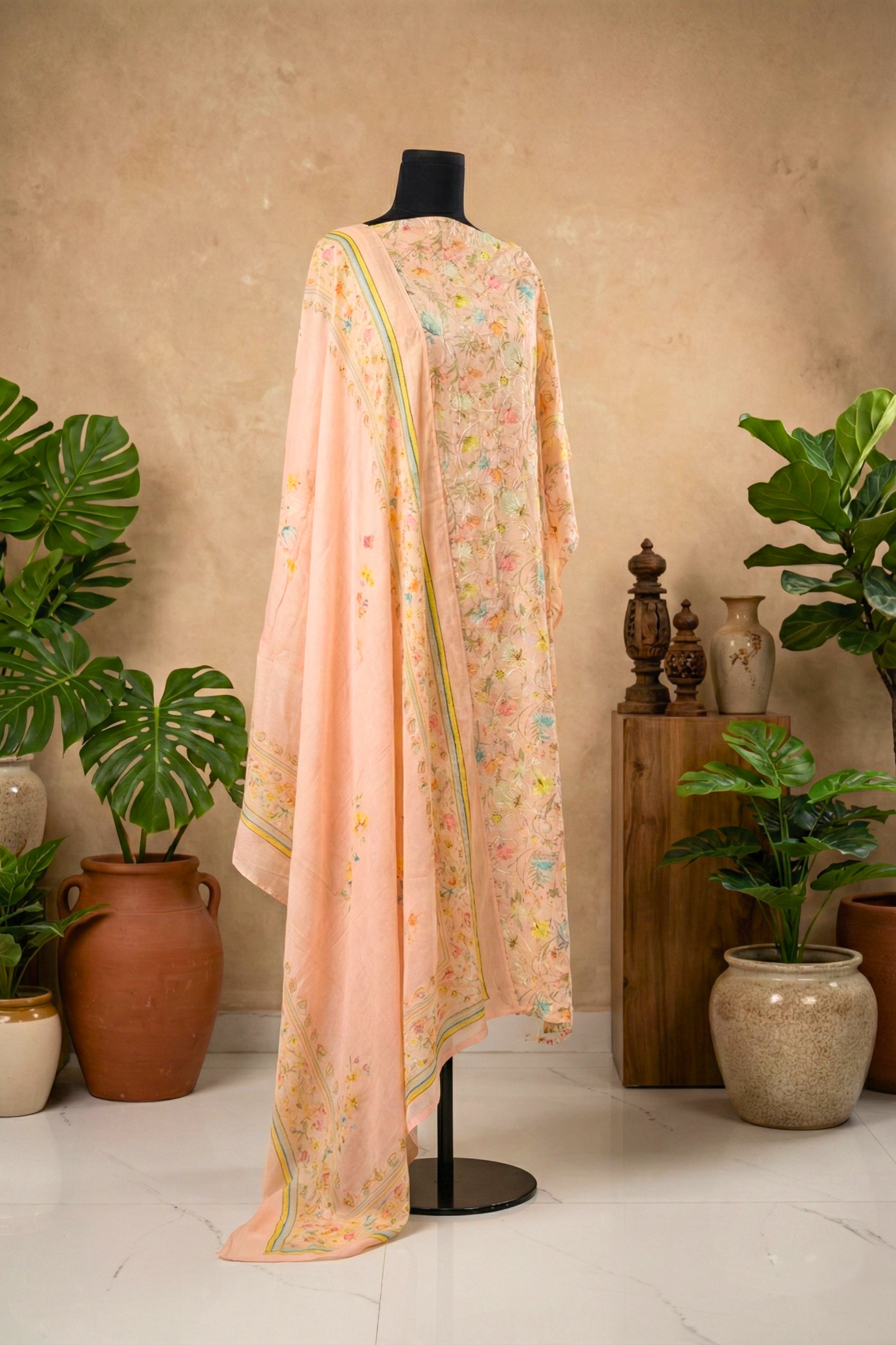 Exquisite Peach Floral Embroidered Pure Mulmul Unstitched Suit Set