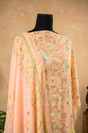 Exquisite Peach Floral Embroidered Pure Mulmul Unstitched Suit Set