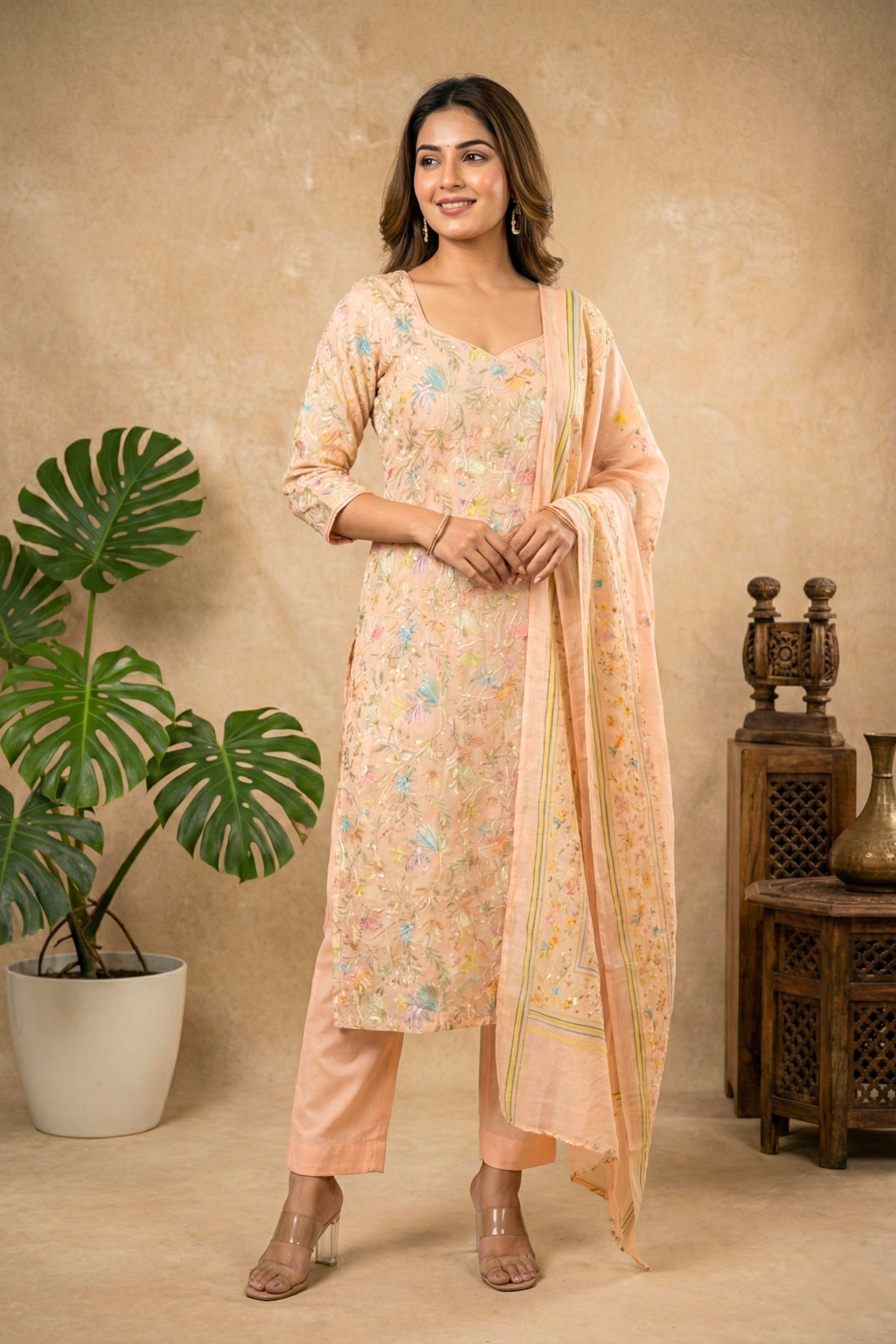 Exquisite Peach Floral Embroidered Pure Mulmul Unstitched Suit Set
