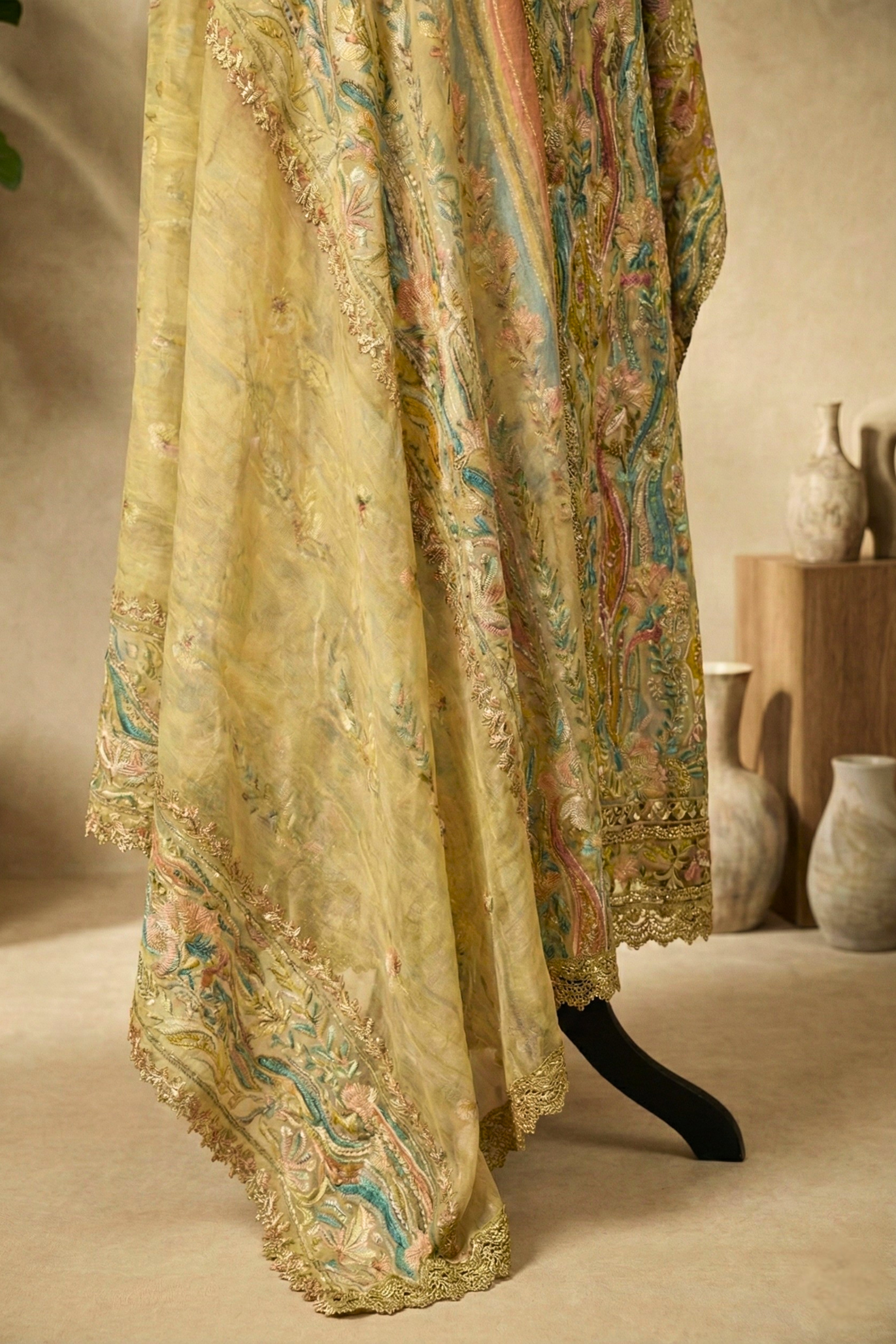 Earthy Olive & Pastel Embroidered Premium Crepe Unstitched Suit Set