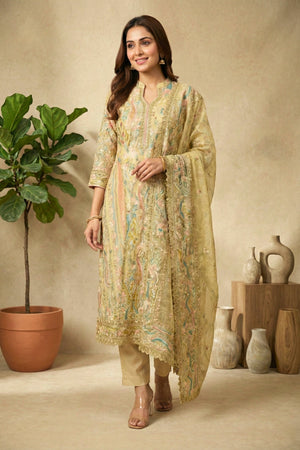 Earthy Olive & Pastel Embroidered Premium Crepe Unstitched Suit Set