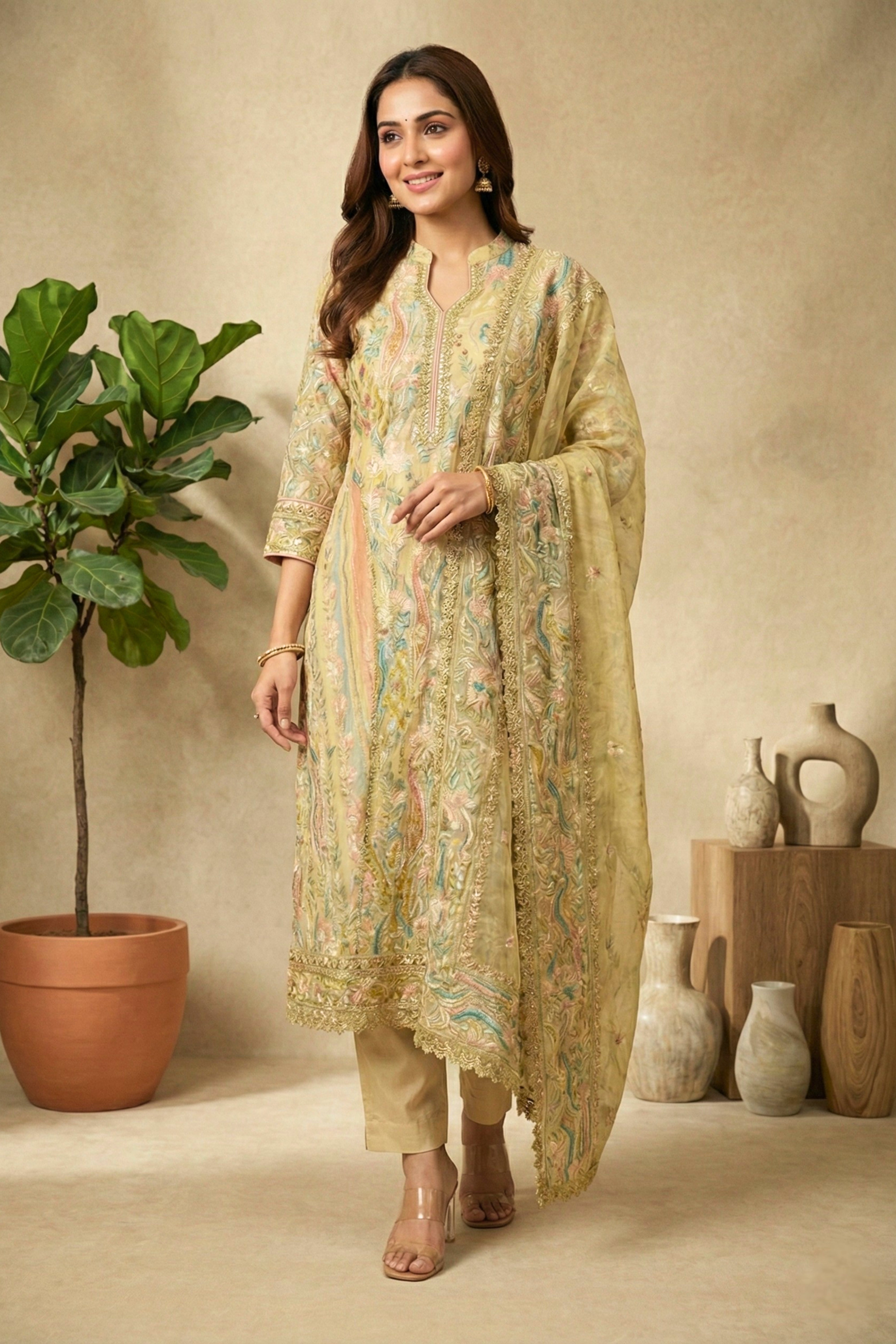 Earthy Olive & Pastel Embroidered Premium Crepe Unstitched Suit Set