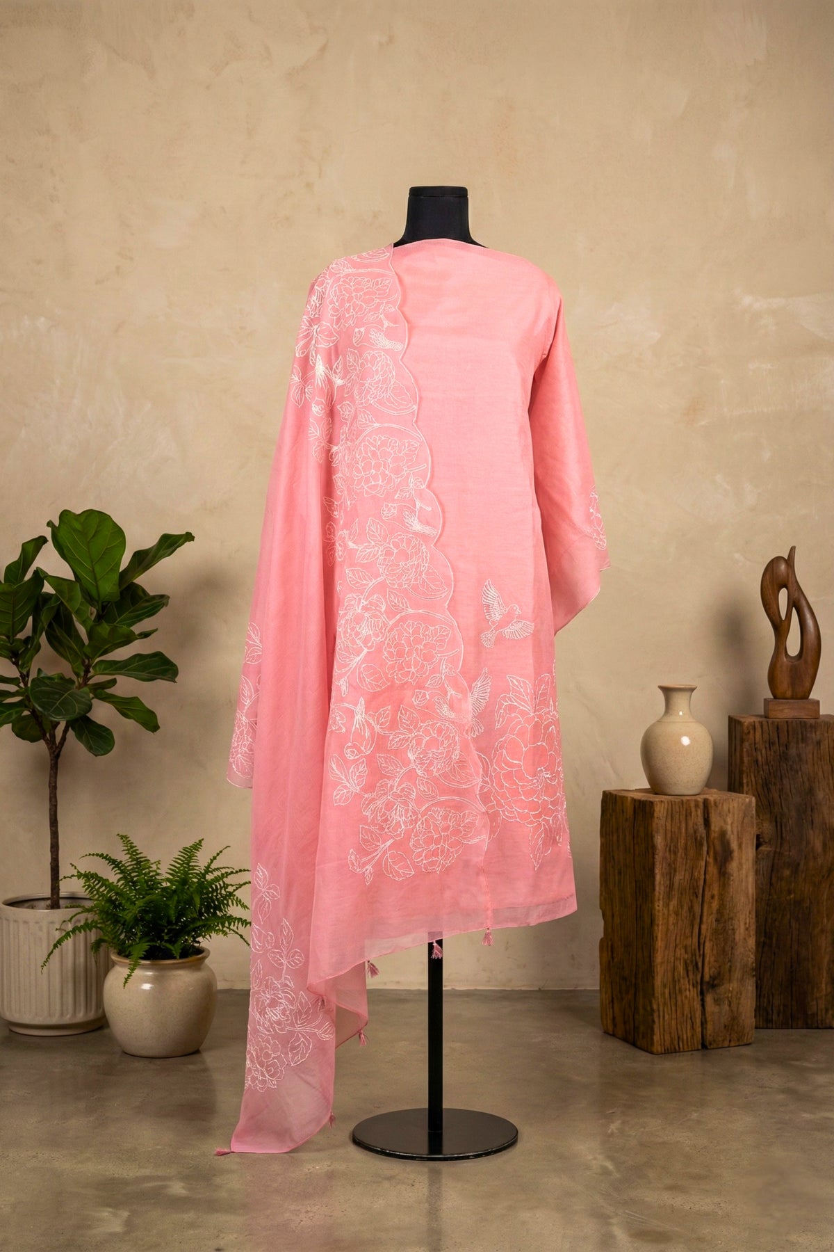 Blush Pink Chanderi Unstitched Suit Set with Embroidered Dupatta