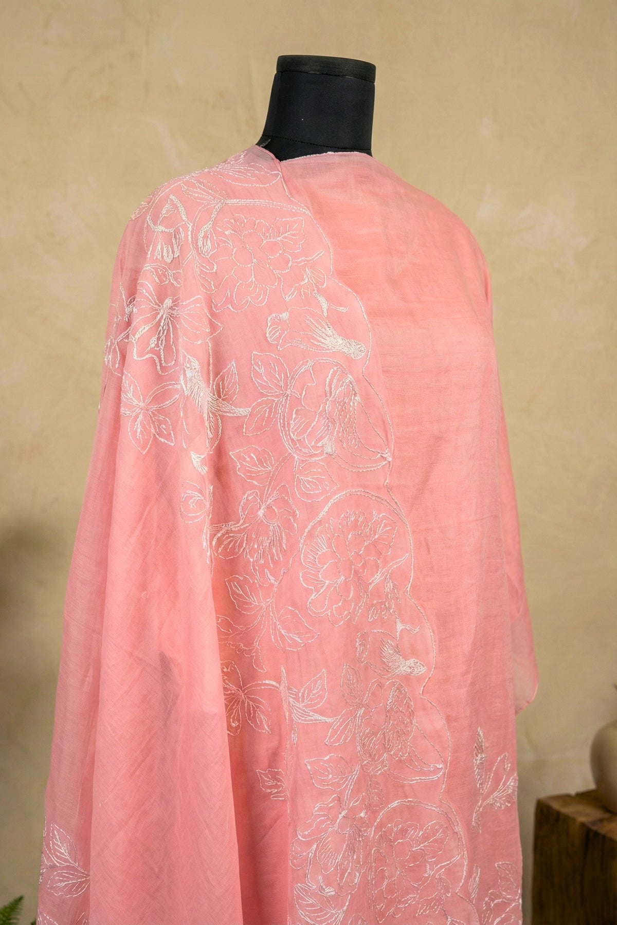 Blush Pink Chanderi Unstitched Suit Set with Embroidered Dupatta