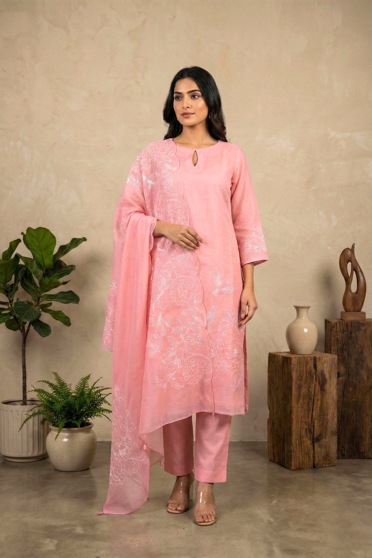 Blush Pink Chanderi Unstitched Suit Set with Embroidered Dupatta
