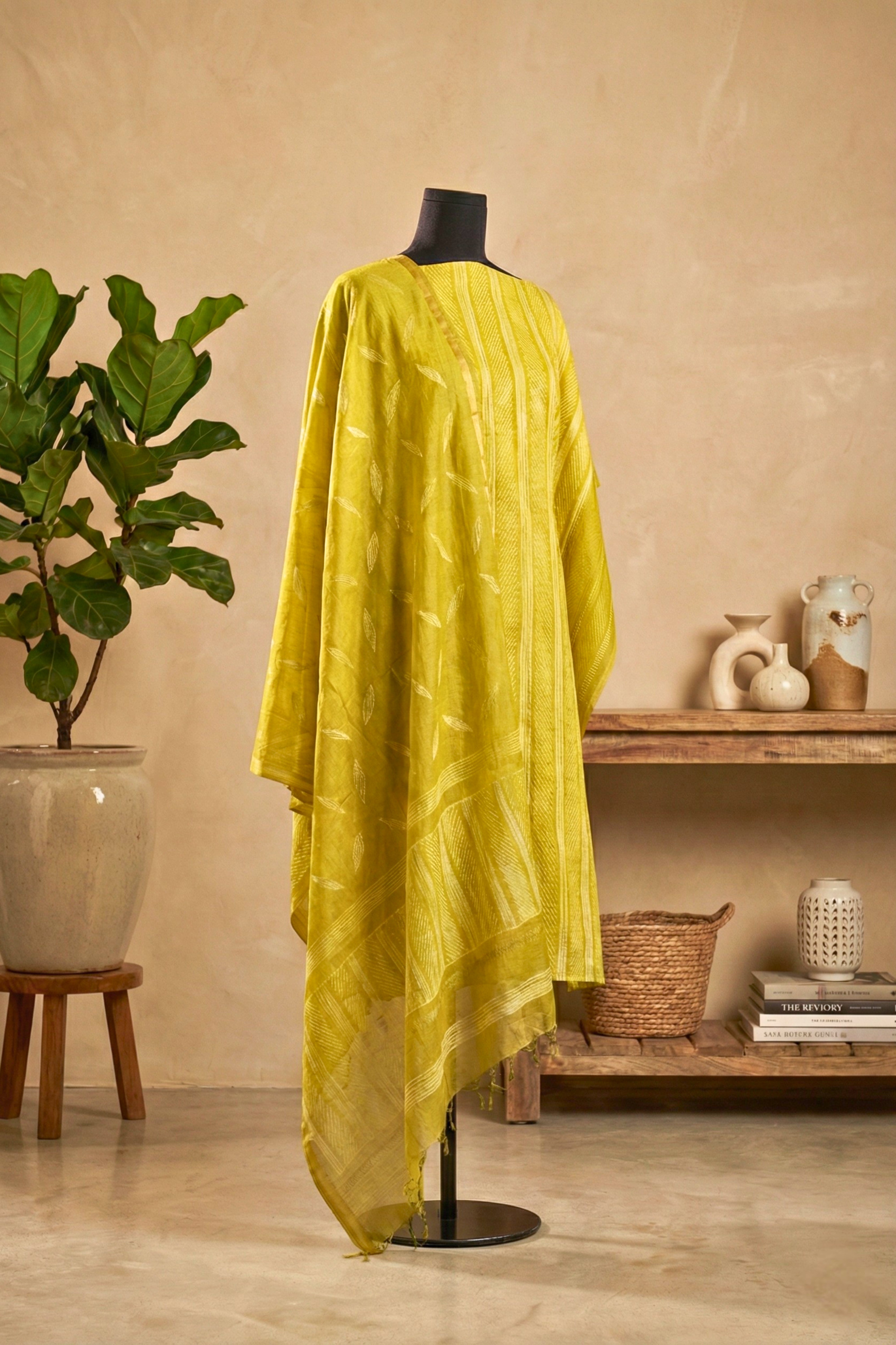 Luminous Golden Lime Striped Chanderi Unstitched Suit Set