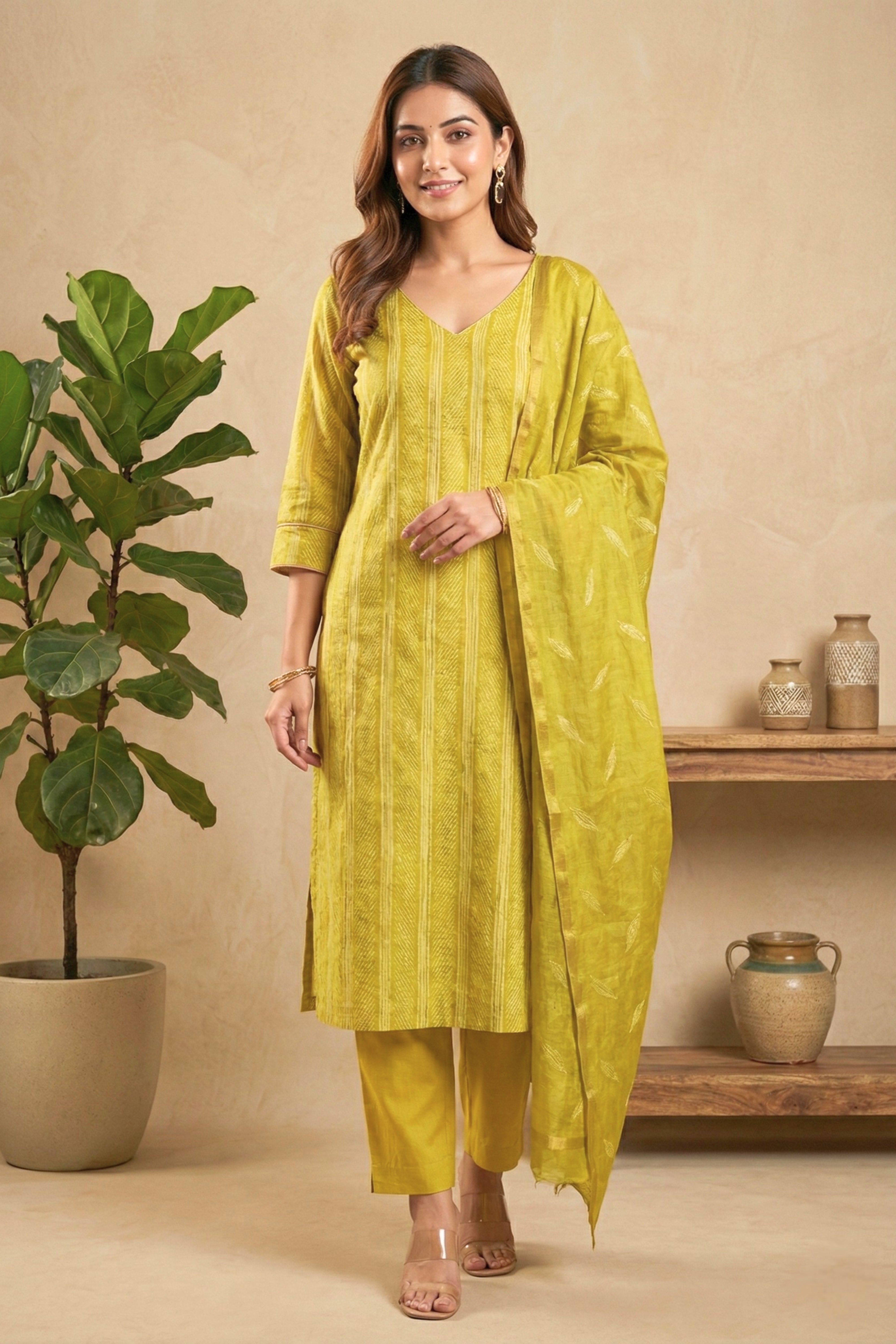 Luminous Golden Lime Striped Chanderi Unstitched Suit Set