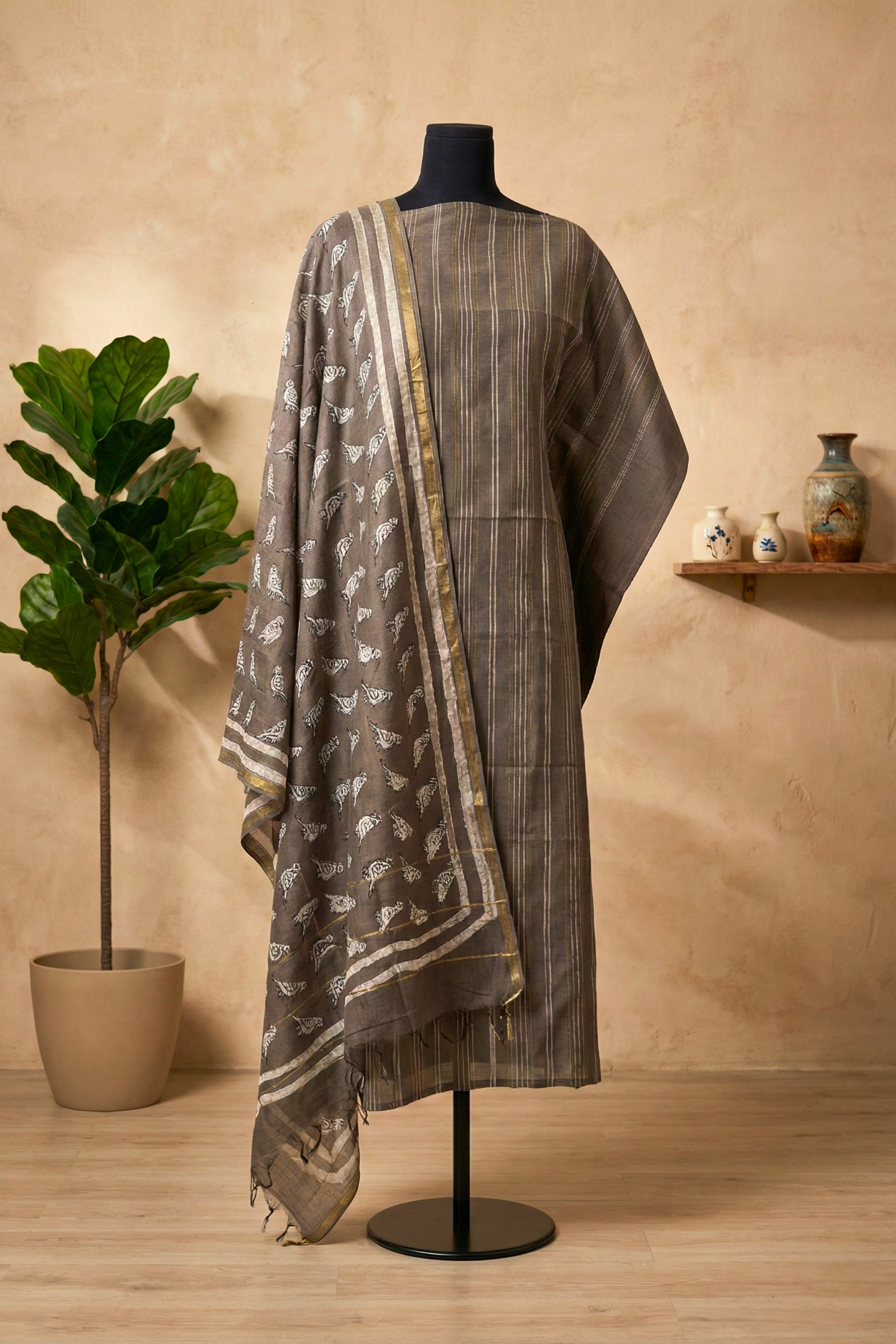 Earthy Taupe Woven Bird Motif Chanderi Unstitched Suit Set